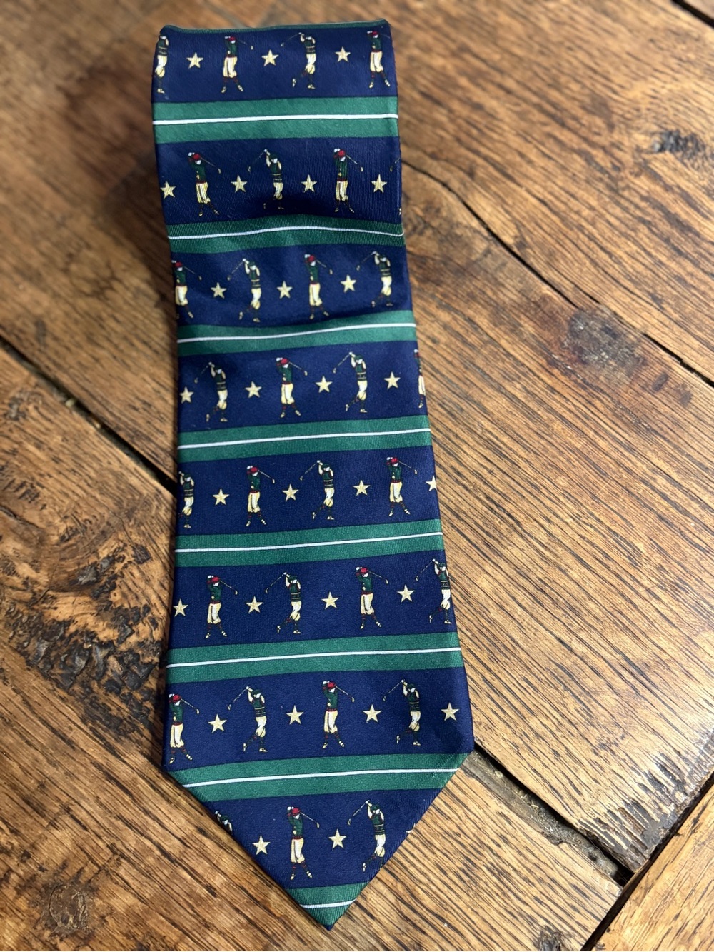 VTG Tommy Hilfiger 90s Americana Golf Stars Silk Tie Green Blue USA Made Preppy